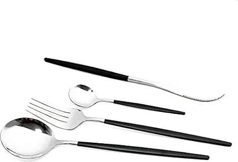 銀食器24点セット - 18/10ステンレススチール 再利用可能 ユーテンシル フォーク スプーン ナイフセット 鏡面研磨 カトラリー 食器セット 家族の集まりや毎日の使用に最適 (6セット ブラックハンドルシルバー)
