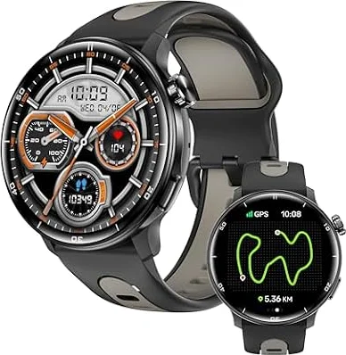 GPSトラッカー搭載スマートウォッチ、メンズ レディース兼用/1.43インチAMOLED画面、アルミニウム合金+ABS 超薄型・28g軽量型 ミリタリー仕様スマートウォッチ、コンパス、Bluetooth通話応答/発信、複数スポーツモード対応、フィットネスウォッチ、Android＆iOS互換丸屏腕時計回り (黒)