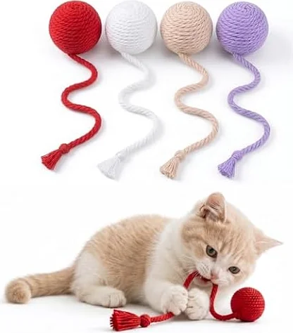 【食品衛生法の基準に適合】猫の下僕 猫 おもちゃ ボール 歯磨き 猫じゃらし 紐 綿 ロープ デンタルケア 噛む ストレス解消 歯みがき 4色セット