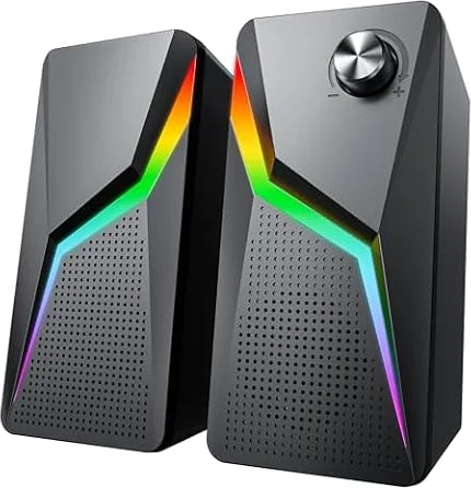 スピーカー PC ゲーミングスピーカー 有線 RGBライト付き 3.5mmケーブルが付属、USB給電式のパソコン用 テレビ、ラップトップ、タブレット、スマートフォンに対応 ブラック