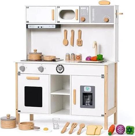 Easynest おままごと キッチン 【日本メーカー】木製 子供 キッチンセット プレイキッチン 製氷機 トースター IHコンロ 音と光 換気扇ライト 収納付き ごっこ遊び 知育玩具 3歳以上 ギフト