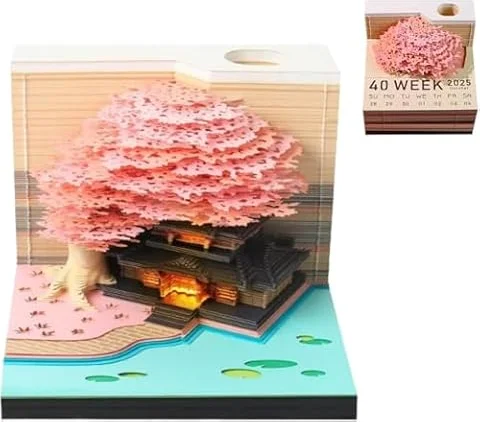 HXCQYGL 3Dカレンダーメモパッド 2027 デスクカレンダー 3D マジック キャッスル ウィークリー カレンダー メモ帳 ライト付き クリエイティブ デスク カレンダー DIY 紙彫刻 アート 学校 クラフト ホーム オフィス用 (ピンクのツリー カレンダー付き)