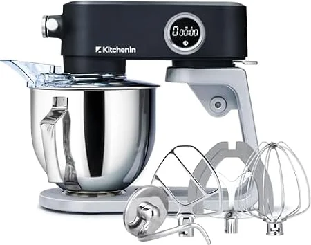 【アップグレード新型】Kitchenin スタンドミキサー ステンレス製アタッチメント 4点セット 多機能アタッチメント対応 タイマー機能付き パワフル 静音 8段階変速 卓上ミキサー 5L大容量 お手入れ簡単 ミキサー 業務用 家庭用 卓上型 ブラック