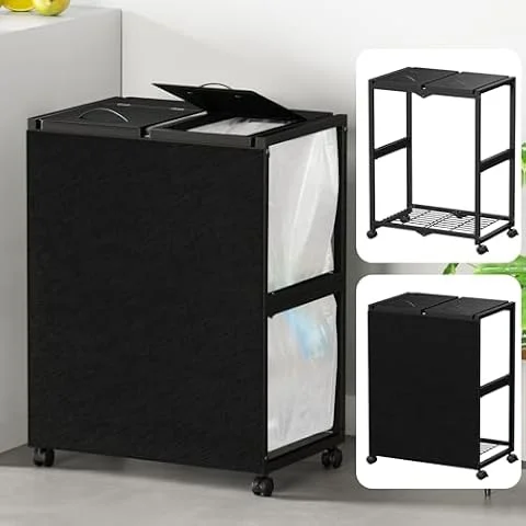 TTWO ゴミ袋ホルダー ゴミ箱 2分別 45L 【マグネット目隠し】平袋 ・U型袋対応 ふた付き ゴミ袋スタンド キャスター付き(ブラック)